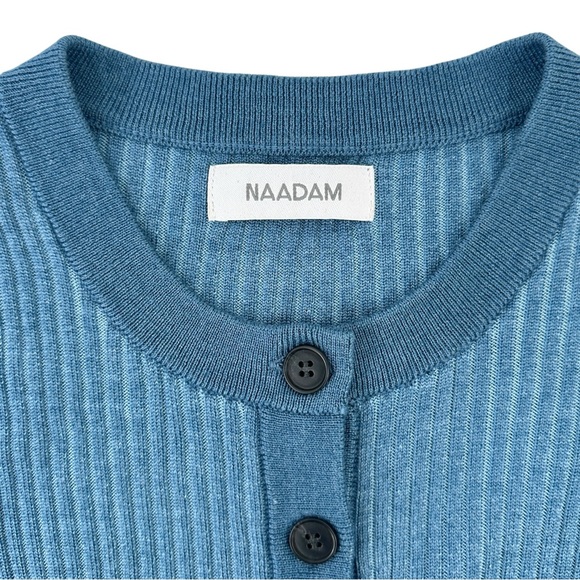 NAADAM Blue Short Sleeve Silk & Wool Cropped Knit Fitted Cardigan Sweater Top - Picture 5 of 11